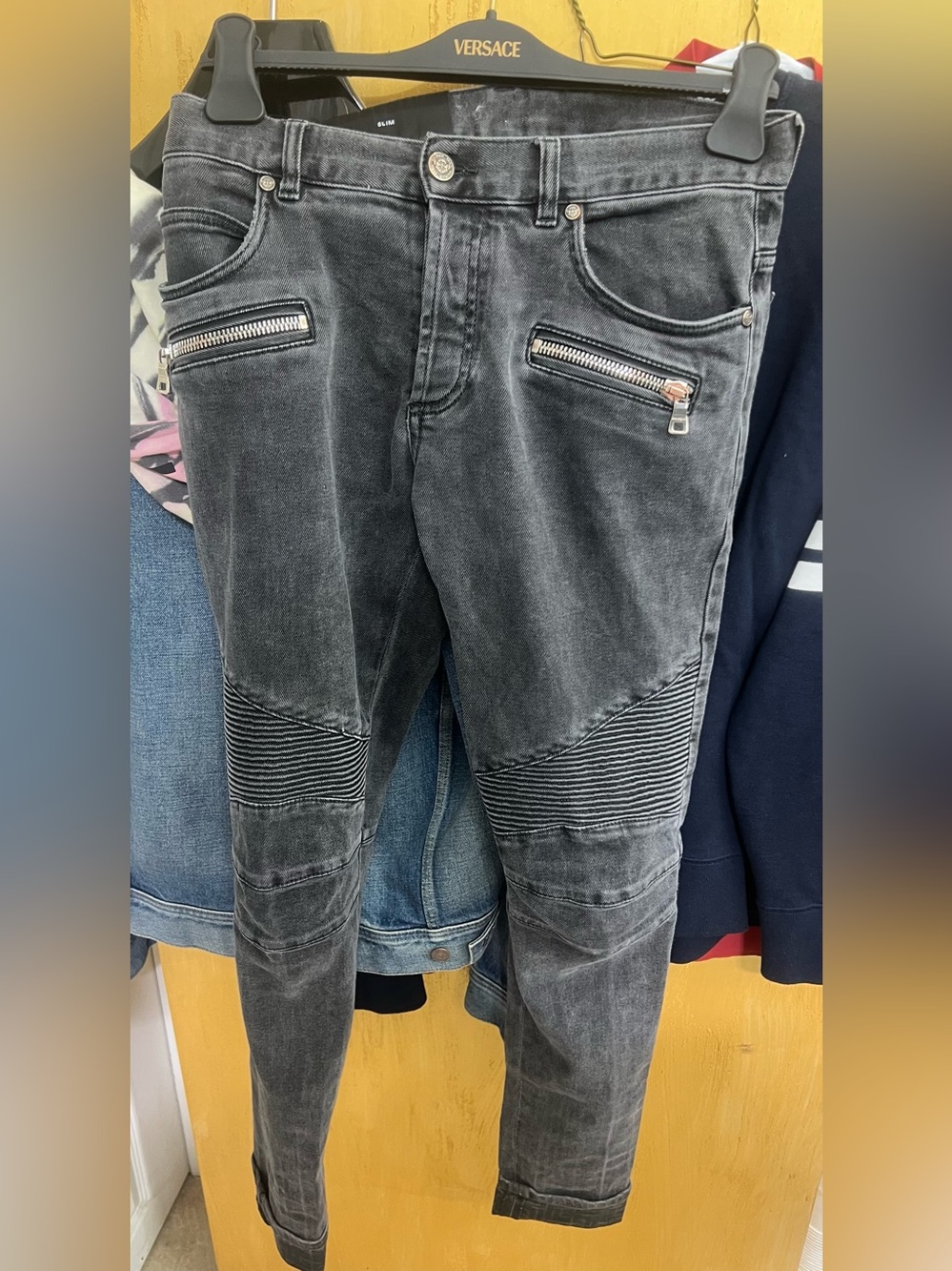 Balmain Black Washed Skinny Moto Jeans with Zip Details